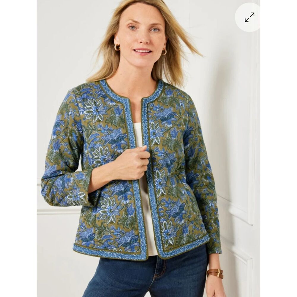 Talbots Quilted Floral Woodland Ditsy Jacket Olive Green Blue Size Large